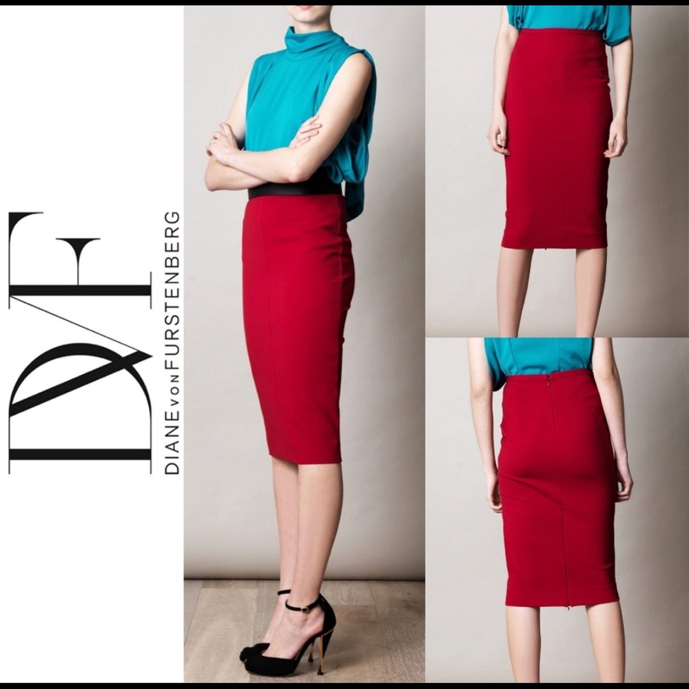 DVF Red Samara Jersey Pencil Skirt